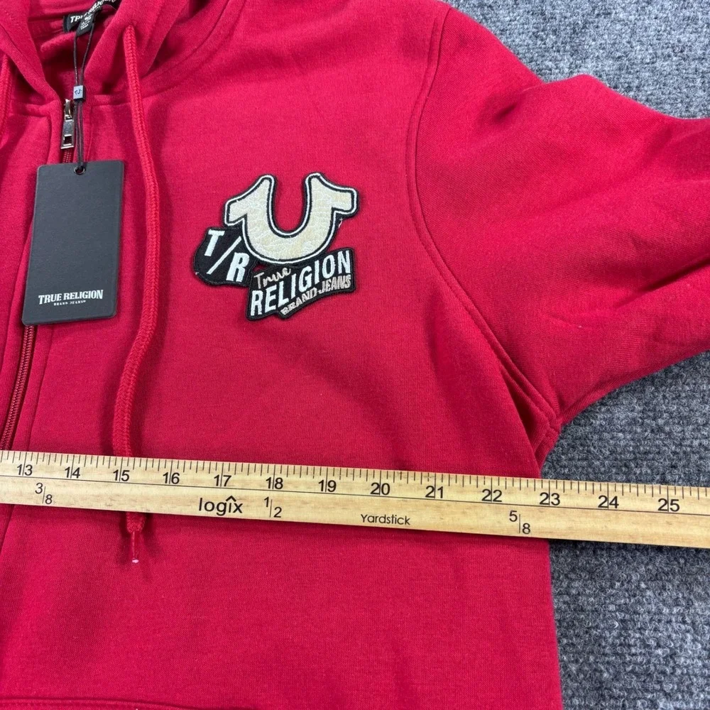 True Religion Zip Hoodie Mens XL Red Multi Patch Logo 700761 NWT Crazy Back Hits